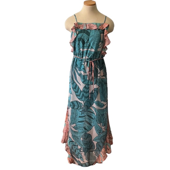 Anthropologie FARM Rio Ruffled Botanical Maxi Dress, Teal/Peach, XS - Picture 3 of 16